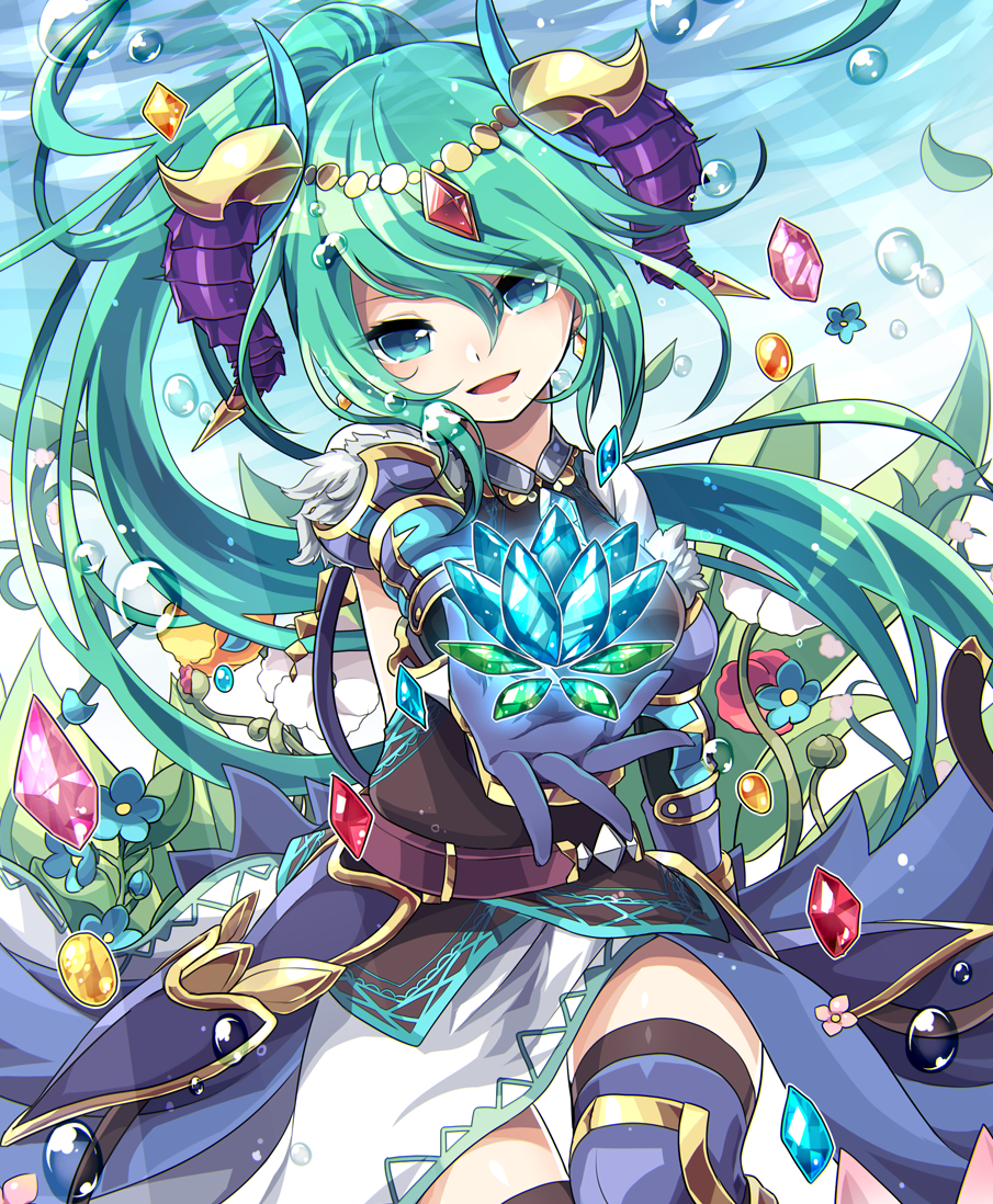 1girl aqua_eyes armor artemis_(p&amp;d) flower gem gloves green_hair hair_ornament horns kozakura_(dictionary) long_hair looking_at_viewer open_mouth ponytail puzzle_&amp;_dragons solo thigh-highs water_drop