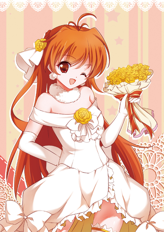 1girl ;d ahoge bare_shoulders bouquet bow bride cowboy_shot dress elbow_gloves flower gloves hand_on_hip lina_inverse long_hair looking_at_viewer one_eye_closed open_mouth orange_hair red_eyes rose skirt slayers smile solo strapless strapless_dress striped striped_background white_bow white_gloves white_skirt yellow_rose yumeiro_hanabi