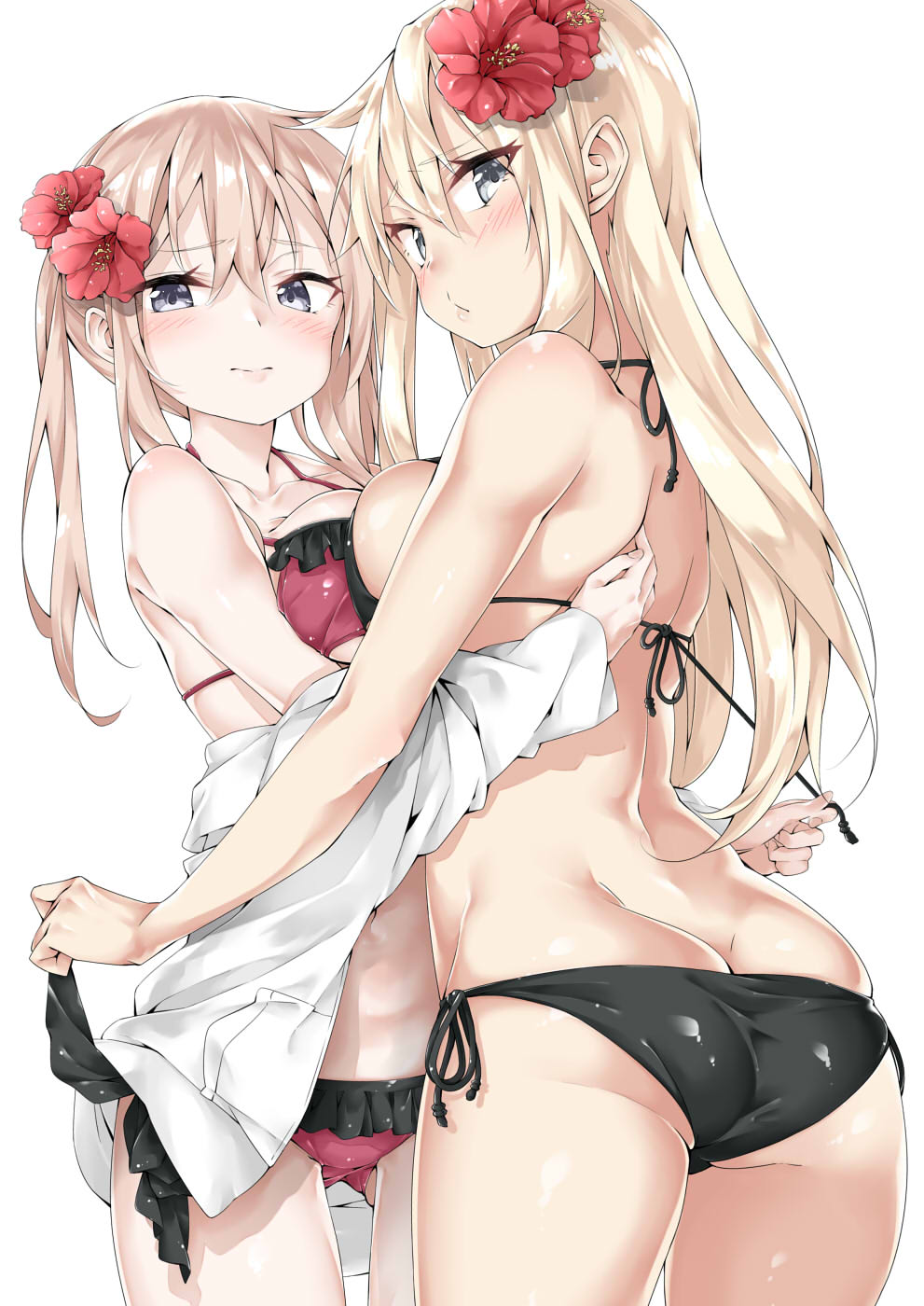 2girls ass bangs bare_arms bikini bikini_under_clothes bismarck_(kantai_collection) black_bikini blonde_hair blush breast_press breasts brown_hair butt_crack closed_mouth collarbone cowboy_shot ebifurya eyebrows eyebrows_visible_through_hair flower frilled_bikini frills gluteal_fold graf_zeppelin_(kantai_collection) hair_between_eyes hair_flower hair_ornament hand_on_another's_back hibiscus highres hug jacket jacket_over_swimsuit kantai_collection long_hair looking_at_viewer looking_back medium_breasts multiple_girls navel off_shoulder pout red_flower side-tie_bikini skin_tight stomach string_bikini swimsuit swimsuit_under_clothes symmetrical_docking twintails untying white_background yuri