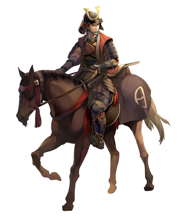 1boy armor full_body helmet horse horseback_riding japanese_armor kabuto looking_to_the_side nobunaga_no_yabou reins riding riku_(wana) solo stirrups sword weapon white_background