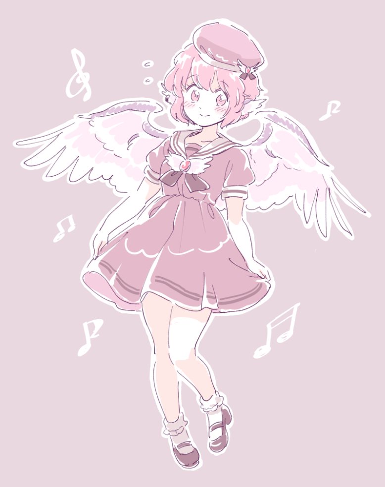 1girl adapted_costume alternate_costume alternate_headwear animal_ears bare_legs bird_wings blush brown_dress dress female flying_sweatdrops full_body hat jewelry lavender_background looking_at_viewer mary_janes mitsumoto_jouji musical_note mystia_lorelei pink_eyes pink_hair puffy_short_sleeves puffy_sleeves sailor_collar sailor_dress shoes short_dress short_hair short_sleeves simple_background single_earring smile socks solo touhou white_legwear wings