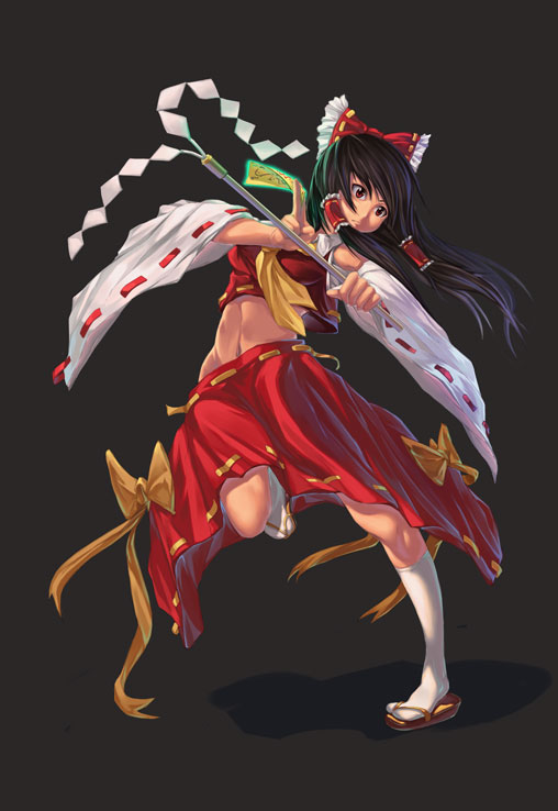 1girl action ascot aura between_fingers black_background black_hair bow breasts colored detached_sleeves focused frilled_bow frills full_body gohei hair_bow hair_tubes hakurei_reimu hips kneeling leg_up legs long_hair looking_to_the_side medium_breasts midriff navel no_panties red_eyes red_shirt ribbon-trimmed_headwear ribbon-trimmed_skirt ribbon-trimmed_sleeves ribbon_trim sanyuejiuri serious shirt simple_background sleeveless sleeveless_shirt solo stance standing standing_on_one_leg stomach talisman thighs toned touhou white_legwear wide_sleeves zouri