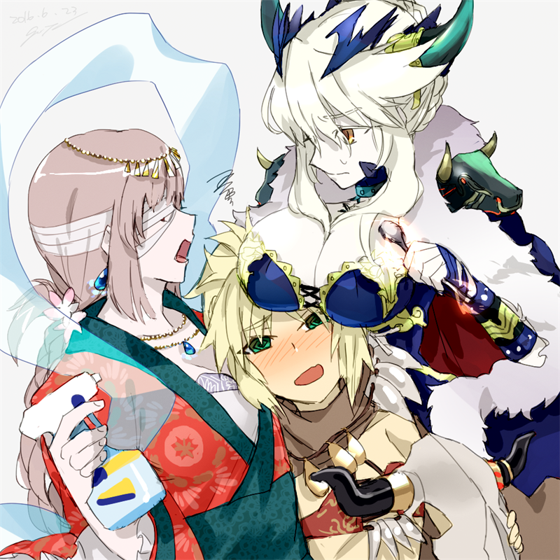 3girls alternate_costume armor artoria_pendragon_alter_(fate/grand_order) bandage blonde_hair blush bottle braid breast_rest breasts breasts_on_head cleavage divine_princess_of_the_storm fate/apocrypha fate/grand_order fate_(series) florence_nightingale_(fate/grand_order) french_braid girl_sandwich goya_(xalbino) green_eyes hair_ornament horns huge_breasts jewelry large_breasts long_hair midriff multiple_girls necklace ox-demon_king pauldrons pink_hair ponytail saber saber_alter saber_of_red sandwiched smile spoon spray_bottle true_samādhi_fire yellow_eyes yuri