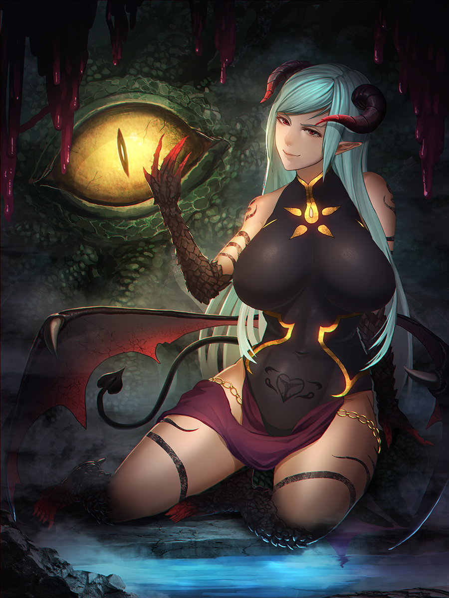 1girl aqua_hair arm_support bare_shoulders breasts claws dragon_girl highres horns large_breasts long_hair looking_at_viewer minami_koyogi monster original pelvic_curtain pointy_ears red_eyes scales side_slit sitting slit_pupils tattoo wings yellow_eyes