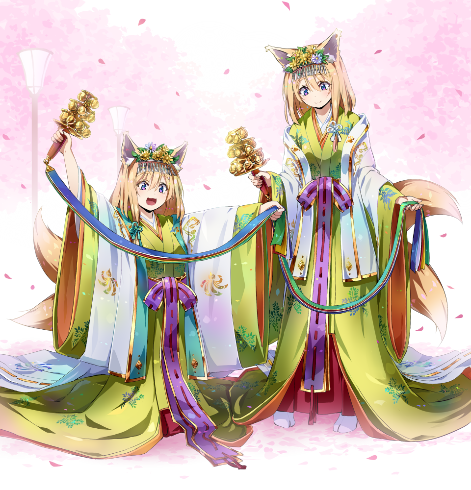 2girls :3 :d animal_ears bell blue_ribbon blush cherry_blossoms eyebrows eyebrows_visible_through_hair flower fox_ears fox_tail fox_tails full_body green_ribbon hair_between_eyes hair_flower hair_ornament hakama head_tilt holding japanese_clothes jingle_bell kagura_suzu kanzashi kimono lamppost layered_clothing long_hair multiple_girls multiple_tails obi open_mouth original outdoors outstretched_arms petals ramuya_(lamb) red_ribbon ribbon ribbon-trimmed_clothes ribbon_trim sash smile standing tail violet_eyes white_legwear wide_sleeves yellow_ribbon