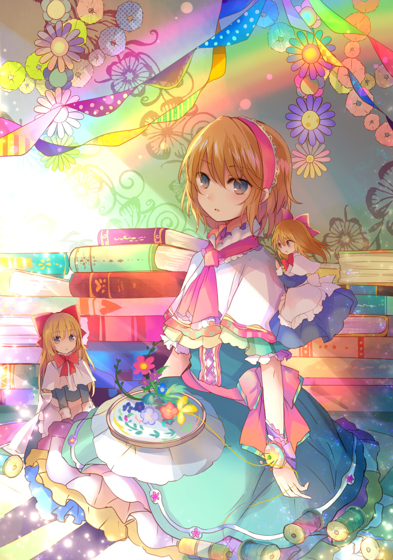 1girl alice_margatroid apron bangs blonde_hair blue_dress blue_eyes blush book_stack capelet colorful commentary_request dress floating floral_print flower hair_between_eyes hairband heart indoors kazu_(muchuukai) light_particles light_rays long_hair long_sleeves looking_at_viewer needle parted_lips rainbow rainbow_order room sewing shanghai_doll short_hair short_sleeves solo streamers string thread touhou waist_apron wall