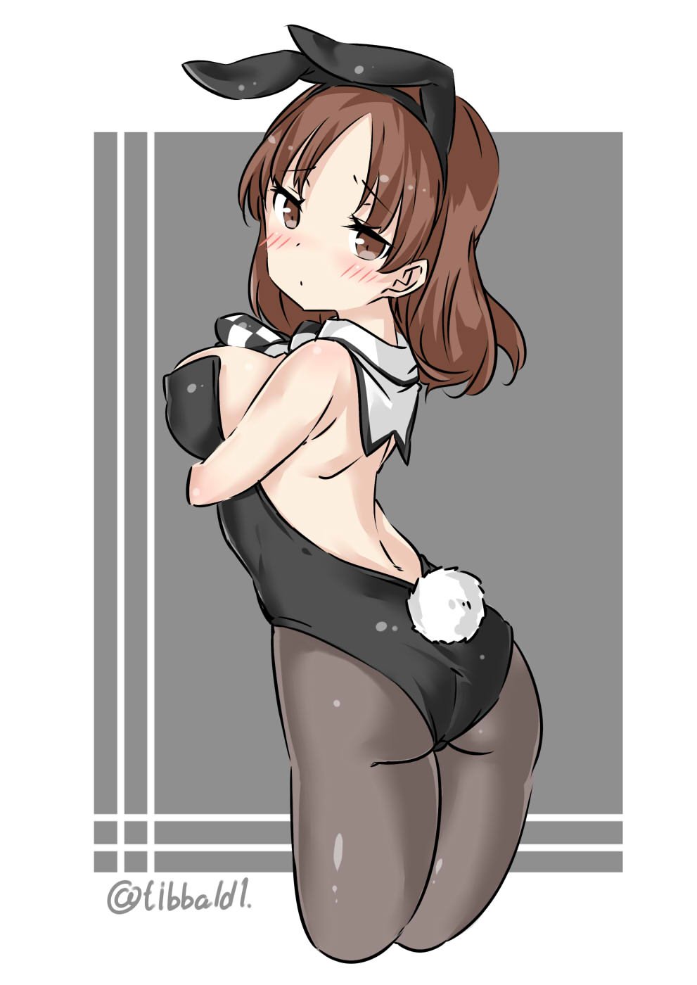 1girl alternate_costume animal_ears ass back bangs bare_shoulders black_legwear blush breasts brown_eyes brown_hair bunny_girl bunny_tail bunnysuit chiyoda_(kantai_collection) cowboy_shot cropped_legs ebifurya eyebrows eyebrows_visible_through_hair fake_animal_ears fake_tail from_side highres kantai_collection looking_at_viewer medium_breasts nagara_(kantai_collection) pantyhose rabbit_ears solo strapless tail twitter_username two-tone_background