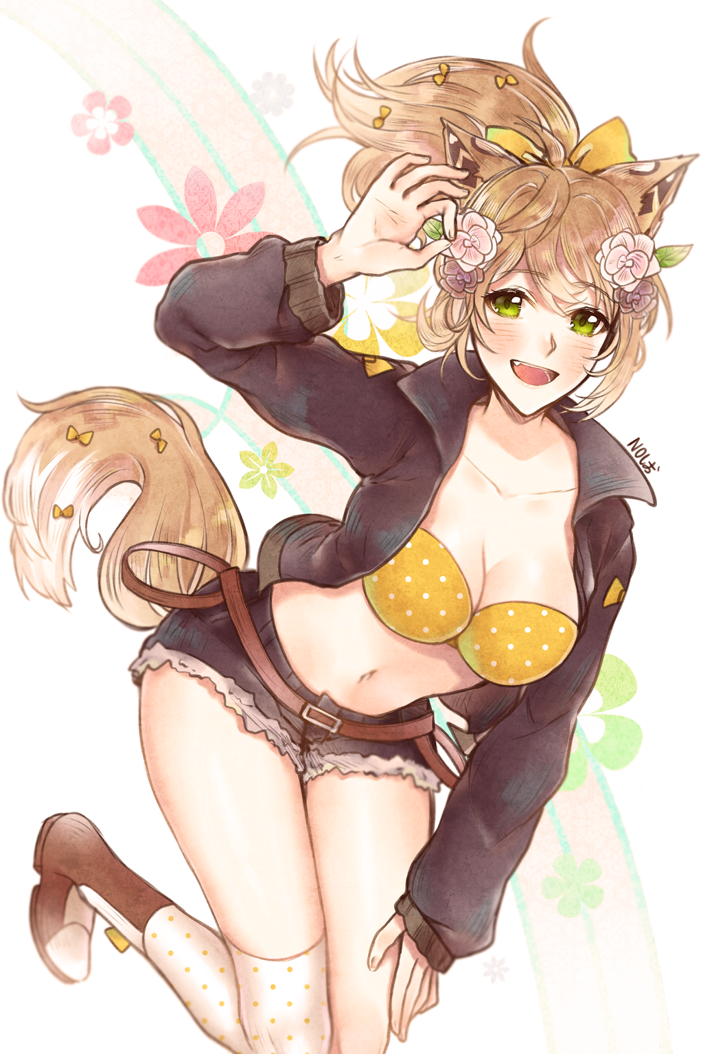 1girl :d animal_ears arm_up artist_name belt belt_buckle blue_shorts blush boots borrowed_character bra breasts brown_boots brown_jacket buckle cleavage collarbone cutoffs denim denim_shorts floral_background flower fox_ears fox_tail green_eyes hair_flower hair_ornament hand_gesture hand_on_thigh highres jacket knee_boots leaning_forward leg_up light_brown_hair long_hair long_sleeves medium_breasts no-shio ok_sign open_clothes open_jacket open_mouth original petals polka_dot polka_dot_bra polka_dot_legwear ponytail short_shorts shorts signature single_thighhigh smile solo standing standing_on_one_leg strapless strapless_bra tail thigh-highs underwear yellow_bra