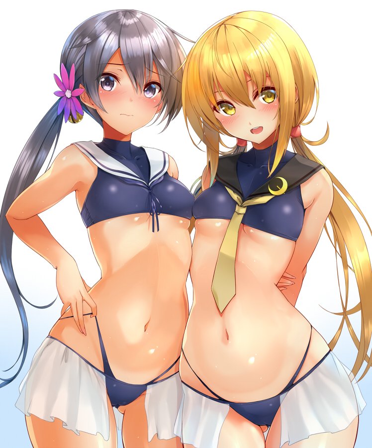2girls agarwood akebono_(kantai_collection) alternate_costume arm_behind_back arms_behind_back bangs bare_arms bell blonde_hair blue_panties blush breasts closed_mouth collarbone cowboy_shot crescent crescent_moon_pin eyebrows eyebrows_visible_through_hair flower gluteal_fold gradient gradient_background hair_bell hair_between_eyes hair_flower hair_ornament hand_on_hip hand_on_own_arm highleg highleg_panties jingle_bell kantai_collection long_hair looking_at_viewer multicolored_background multiple_girls navel necktie open_mouth panties ponytail purple_hair remodel_(kantai_collection) sailor_collar satsuki_(kantai_collection) simple_background sleeveless small_breasts smile standing stomach twintails two-tone_background under_boob underwear violet_eyes yellow_eyes yellow_necktie