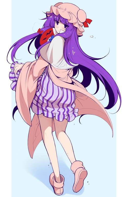 1girl :o bat_print blue_bow blush bow capelet crescent dress dress_lift eichi_yuu fan folding_fan full_body hair_bow hair_ribbon hat lifted_by_self long_hair looking_at_viewer looking_back mob_cap patchouli_knowledge pink_shoes purple_hair red_bow ribbon shoes solo striped touhou tress_ribbon vertical-striped_dress vertical_stripes very_long_hair violet_eyes wide_sleeves