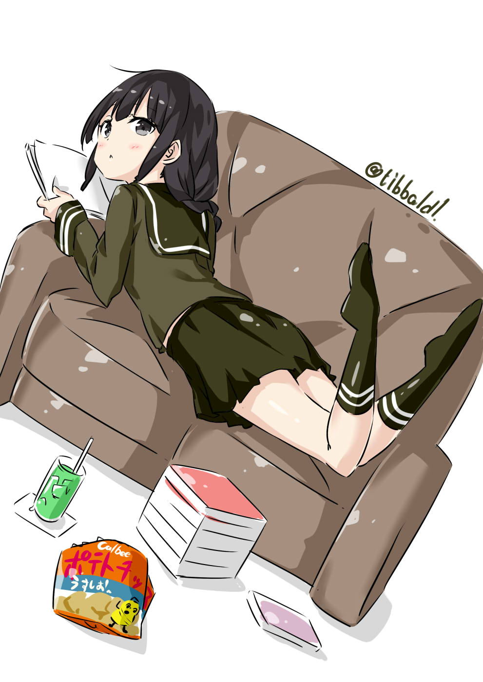 1girl :&lt; black_eyes black_hair blush book brown_skirt couch cup drinking_glass drinking_straw dutch_angle ebifurya full_body highres holding holding_book ice ice_cube kantai_collection kitakami_(kantai_collection) kneehighs long_sleeves looking_at_viewer lying no_shoes on_back on_stomach pleated_skirt school_uniform serafuku sidelocks simple_background skirt snack solo twitter_username white_background