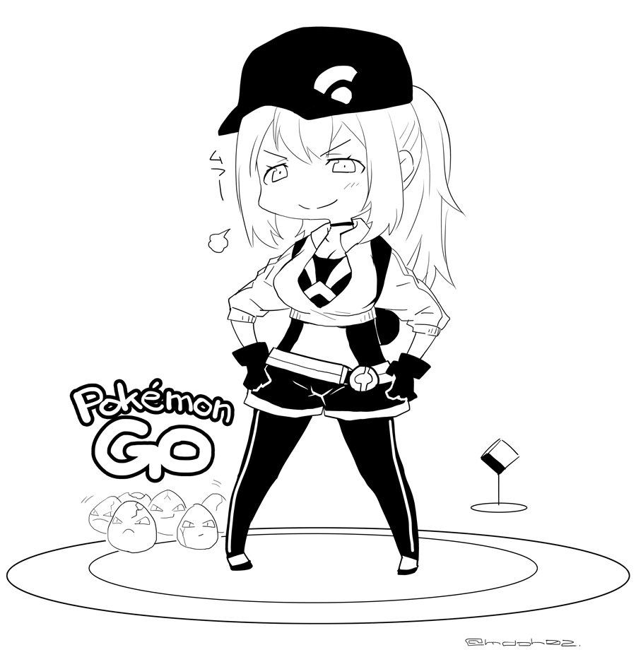 10s 1girl backpack bag baseball_cap breasts chibi exeggcute female_protagonist_(pokemon_go) hat long_hair monochrome mudou_eichi nintendo pokemon pokemon_go simple_background smile solo white_background