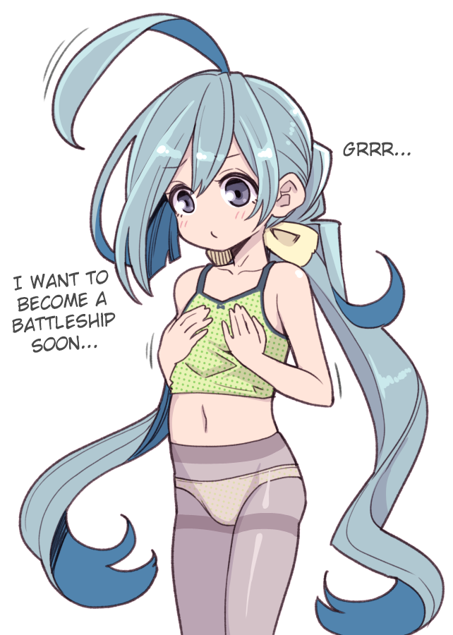 1girl ahoge bare_shoulders blue_eyes blue_hair camisole collarbone commentary_request flat_chest hair_bun hair_ribbon hanauna hands_on_own_chest hard_translated huge_ahoge kantai_collection kiyoshimo_(kantai_collection) long_hair low_twintails multicolored_hair navel panties panties_under_pantyhose pantyhose purple_legwear ribbon solo strap_slip translated twintails underwear very_long_hair
