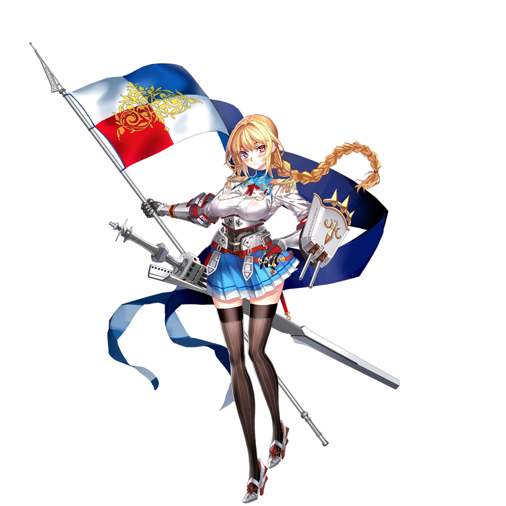 1girl aiguillette armor banner belt blonde_hair blue_eyes blue_skirt blush braid breasts brown_legwear cannon closed_mouth epaulettes flag fleur_de_lis french_flag full_body gauntlets hair_between_eyes hand_on_hip heterochromia high_heels holding jeanne_d'arc_(zhan_jian_shao_nyu) large_breasts long_hair long_sleeves looking_at_viewer machinery medal military military_uniform miyazaki_byou official_art pleated_skirt red_eyes red_ribbon ribbon seiza shield shirt sitting skirt solo sword thigh-highs transparent_background turret uniform weapon white_shirt zettai_ryouiki zhan_jian_shao_nyu