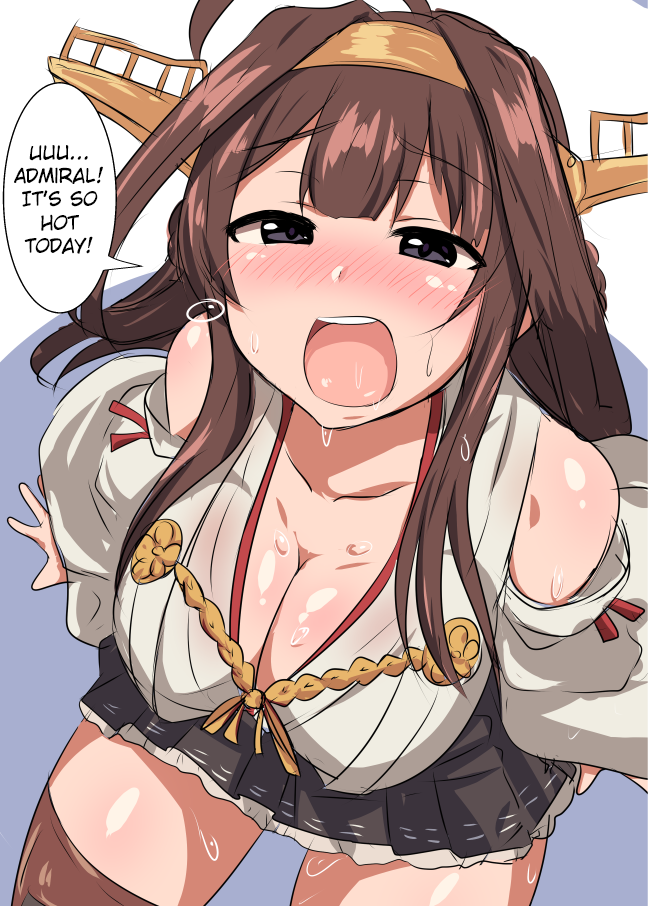 1girl arm_support black_eyes blush breasts brown_hair cleavage detached_sleeves from_above hairband hard_translated japanese_clothes kantai_collection kongou_(kantai_collection) large_breasts long_hair nontraditional_miko open_mouth senshiya sitting solo sweat thigh-highs translated wide_sleeves