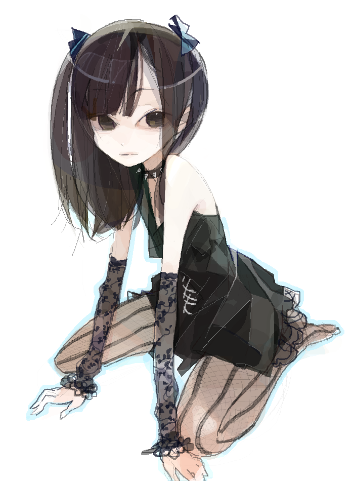 1girl amiami bare_shoulders black_eyes black_hair choker detached_sleeves dress female fishnets lace original pale_skin solo spiked_collar wariza white_background