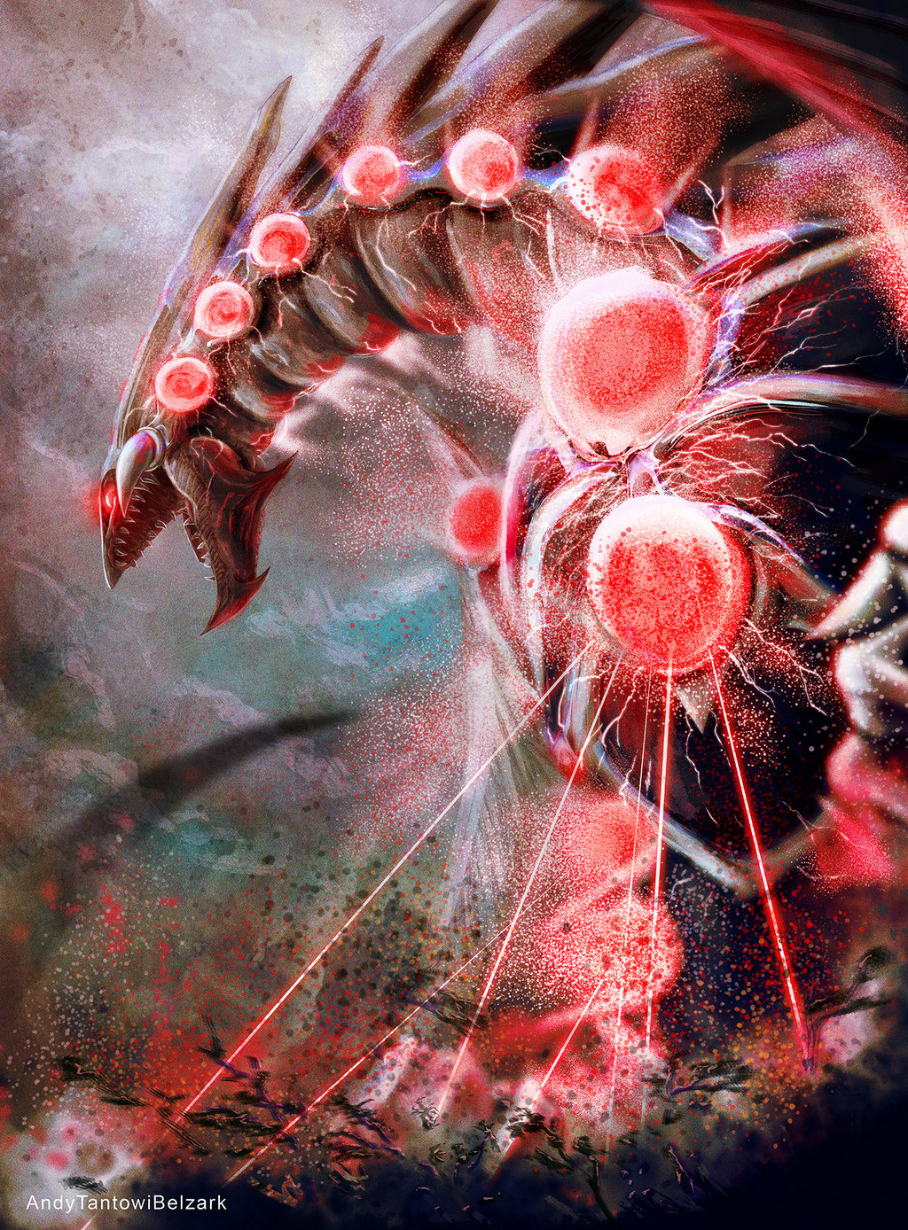 andybelzark artist_name dragon duel_monster explosion gandora_the_dragon_of_destruction glowing glowing_eyes highres looking_away no_humans open_mouth red_eyes sharp_teeth teeth yu-gi-oh!