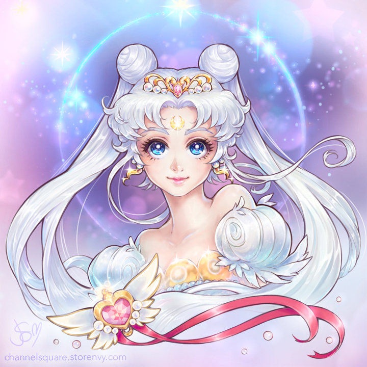 1girl bare_shoulders bishoujo_senshi_sailor_moon blue_eyes brooch channel-square channelsquare crescent double_bun earrings eyelashes facial_mark forehead_mark gem gradient gradient_background heart jewelry long_hair neo_queen_serenity pearl_earrings pink_lips pink_ribbon puffy_short_sleeves puffy_sleeves ribbon short_sleeves signature smile solo sparkle tiara tsukino_usagi twintails upper_body watermark web_address
