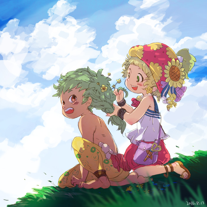 1boy 1girl anklet bag barefoot blush bracelet braiding_hair brown_eyes clouds final_fantasy final_fantasy_vi flower gau green_eyes green_hair hair_flower hair_ornament hairdressing handbag hat jewelry open_mouth outdoors pants relm_arrowny sandals scissors shirtless smile sunflower_hair_ornament umeda_yoshio