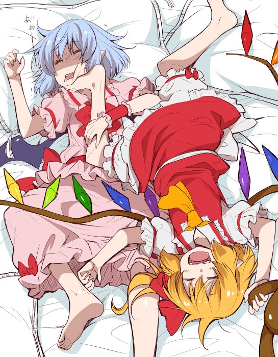 2girls :d ^_^ arm_garter ascot barefoot bat_wings bloomers blue_hair bow bowtie closed_eyes crystal drooling eichi_yuu flandre_scarlet foot_on_face frilled_shirt_collar frills hair_ribbon holding_stuffed_animal lying multiple_girls no_hat on_back on_bed open_mouth pink_shirt pink_skirt pointy_ears puffy_short_sleeves puffy_sleeves red_bow red_bowtie red_ribbon red_shirt red_skirt remilia_scarlet ribbon sash shaded_face shirt short_hair short_sleeves siblings side_ponytail sisters skirt skirt_set sleeping smile touhou underwear upside-down wings