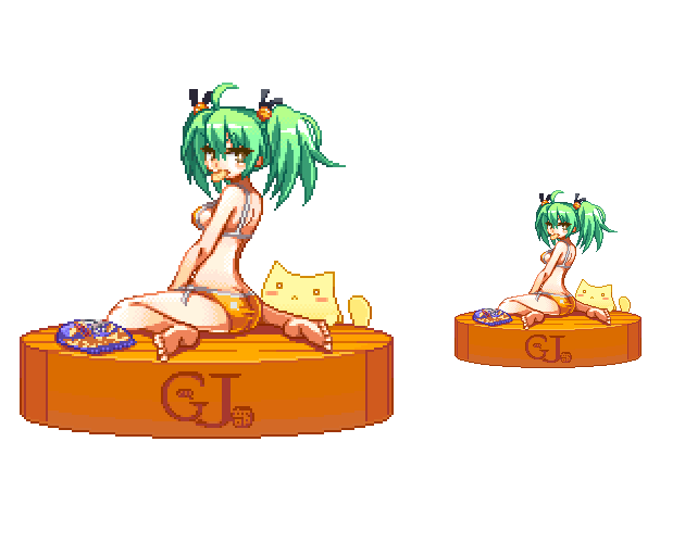1girl :&lt; ahoge ass bag_of_chips bangs bare_arms bare_legs barefoot bell bikini black_ribbon blush breasts brown_eyes chips eyebrows_visible_through_hair food from_behind full_body gj-bu green_hair hair_bell hair_between_eyes hair_ornament hair_ribbon kannazuki_tamaki looking_at_viewer looking_back medium_breasts migel_futoshi mouth_hold multiple_views o_o pixel_art ribbon shadow simple_background sitting snack swimsuit twintails wariza white_background yellow_bikini