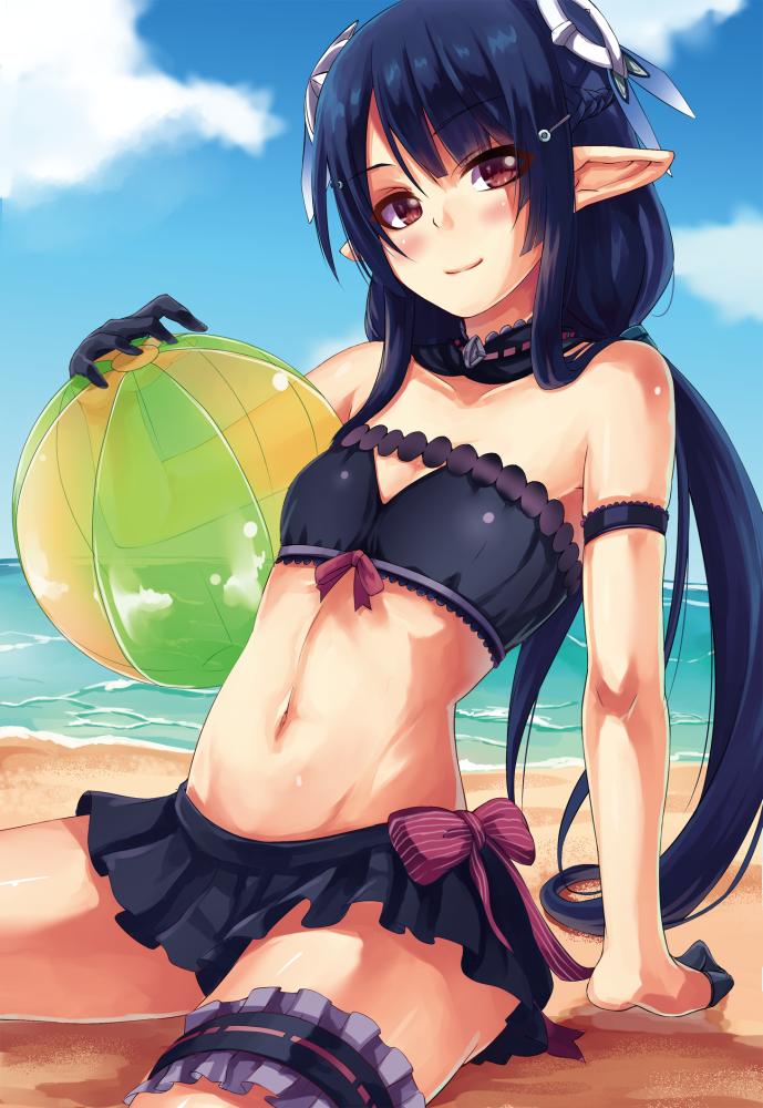 1girl anette_(pso2) arm_garter arm_support ball beach beachball bikini_skirt black_gloves black_hair black_swimsuit blue_sky blush bow braid brown_eyes closed_mouth clouds day flat_chest gloves hair_ornament hairclip holding_ball leg_garter long_hair low_twintails navel on_ground outdoors phantasy_star phantasy_star_online_2 pointy_ears red_bow ribbon sand shimozuki_shio shore sitting sky smile solo striped striped_bow swimsuit twintails very_long_hair water