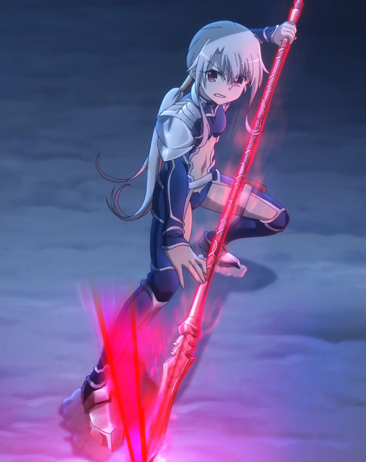 1girl armor boots fate/kaleid_liner_prisma_illya fate_(series) fighting_stance gae_bolg glowing glowing_weapon highres illyasviel_von_einzbern lancer lancer_(cosplay) polearm screencap snow solo spear thigh-highs thigh_boots weapon