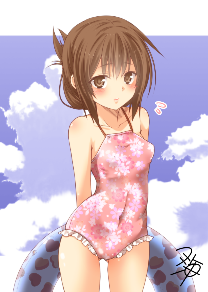 1girl arms_behind_back blush breasts brown_eyes brown_hair casual_one-piece_swimsuit clouds cloudy_sky covered_navel floral_print folded_ponytail frilled_swimsuit frills gluteal_fold hair_between_eyes heart_print inazuma_(kantai_collection) innertube kantai_collection lips one-piece_swimsuit pink_swimsuit sky small_breasts solo swimsuit thighs yua_(checkmate)