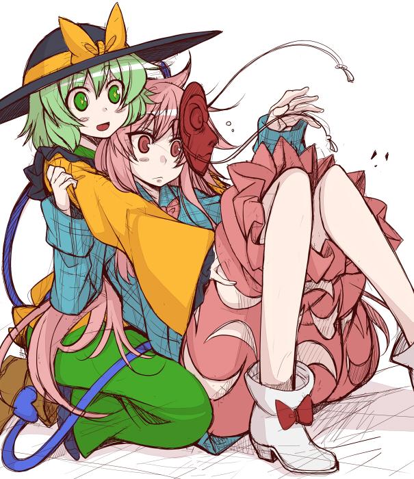 2girls :d black_hat blush bow bubble_skirt colored_pencil_(medium) eichi_yuu expressionless frilled_sleeves frills green_eyes green_hair green_skirt hat hat_bow hata_no_kokoro hug hug_from_behind kneeling knees_together_feet_apart knees_up komeiji_koishi long_sleeves mask mask_on_head monkey_mask multiple_girls open_mouth pink_eyes pink_hair pink_skirt plaid plaid_shirt shirt short_hair skirt smile string touhou traditional_media white_background wide_sleeves yellow_bow yellow_shirt