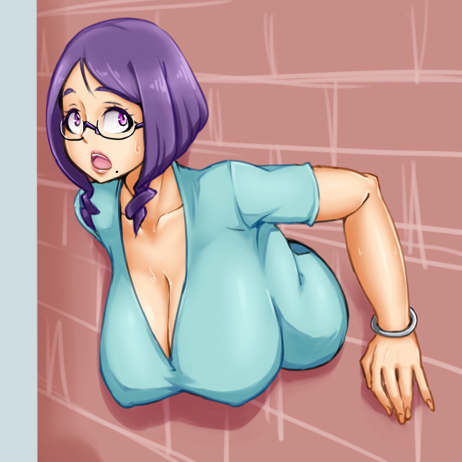 1girl breasts cleavage glasses huge_breasts mole original purple_hair short_hair solo stuck sweat teatime_(mike) through_wall violet_eyes wall