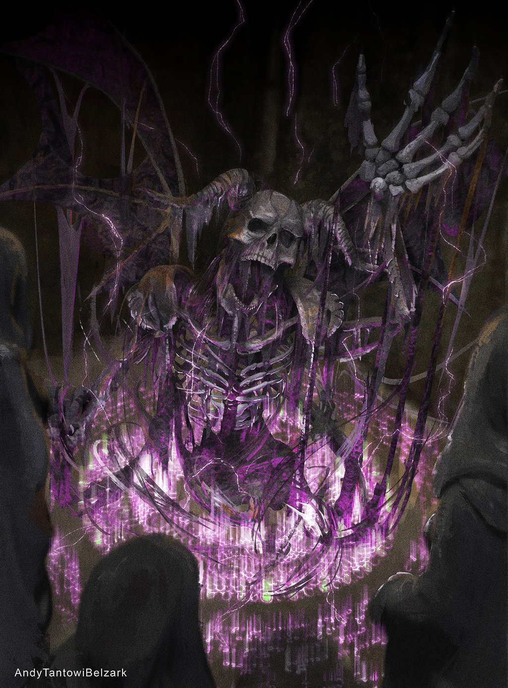 andybelzark artist_name black_cloak cloak demon demon_horns demon_wings duel_monster electricity highres hood hooded_cloak horns magic_circle materializing open_mouth skeleton summoned_skull summoning wings yu-gi-oh!