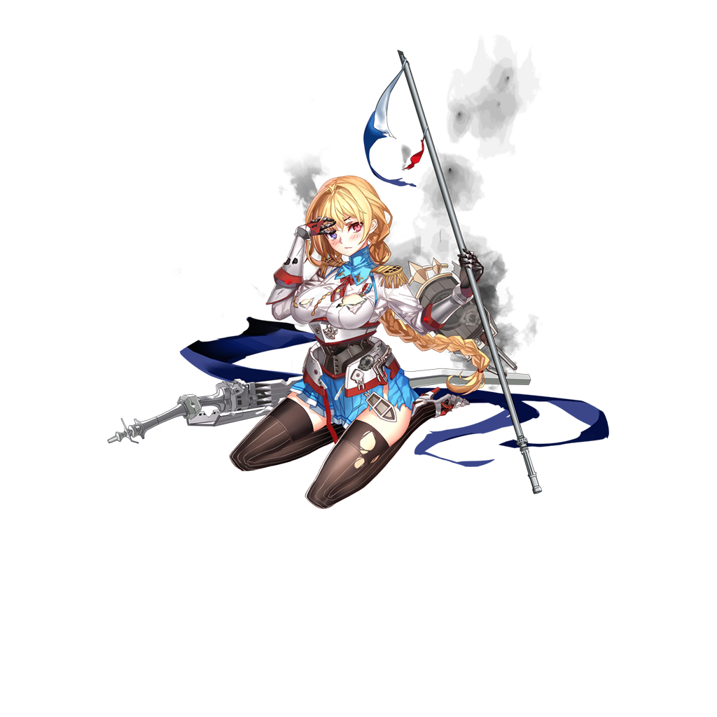 1girl aiguillette armor banner belt blonde_hair blue_eyes blue_skirt blush braid breasts broken brown_legwear cannon closed_mouth damaged epaulettes flag fleur_de_lis french_flag full_body gauntlets hair_between_eyes hand_on_forehead heterochromia high_heels holding jeanne_d'arc_(zhan_jian_shao_nyu) large_breasts long_hair long_sleeves looking_at_viewer machinery medal military military_uniform miyazaki_byou official_art pleated_skirt red_eyes red_ribbon ribbon shield shirt single_braid sitting skirt smoke solo standing sword thigh-highs torn_clothes transparent_background turret uniform weapon white_shirt zettai_ryouiki zhan_jian_shao_nyu