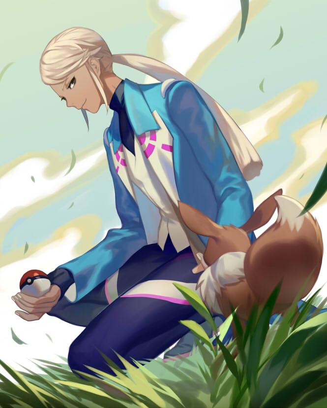 10s 1girl androgynous blanche_(pokemon) brown_eyes clouds coat dark_skin dutch_angle eevee grass holding holding_poke_ball kneeling long_hair looking_at_another lor968 open_clothes open_coat poke_ball pokemon pokemon_(creature) pokemon_go ponytail sky smile white_hair