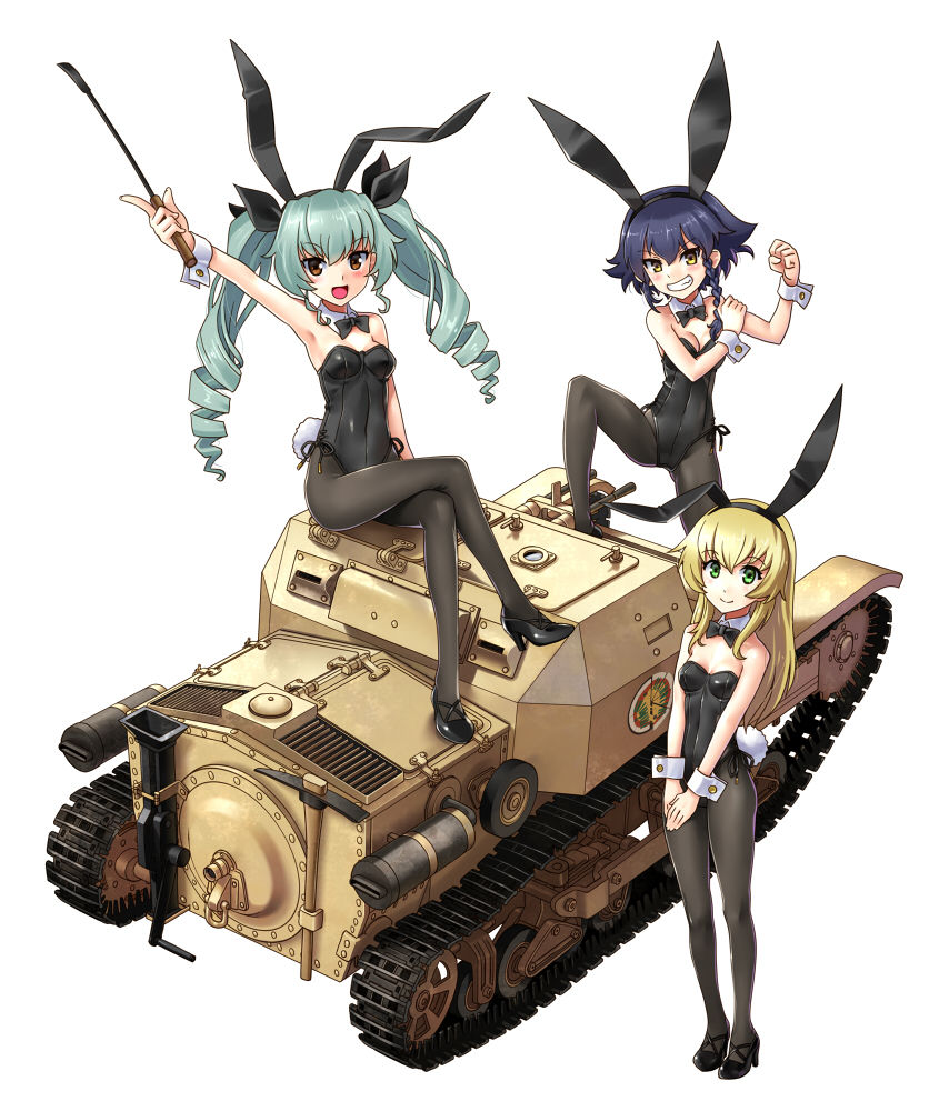 3girls anchovy animal_ears bare_shoulders black_hair blonde_hair blush bow bowtie braid breasts brown_eyes bunny_girl bunny_tail bunnysuit carpaccio carro_veloce_cv-33 cleavage detached_collar drill_hair fake_animal_ears girls_und_panzer green_eyes green_hair ground_vehicle hair_ribbon high_heels katahira_masashi leotard long_hair looking_at_viewer military military_vehicle motor_vehicle multiple_girls necktie open_mouth pantyhose pepperoni_(girls_und_panzer) rabbit_ears ribbon riding_crop short_hair side-tie_leotard simple_background small_breasts smile tail tank tankette twin_drills twintails vehicle white_background wrist_cuffs