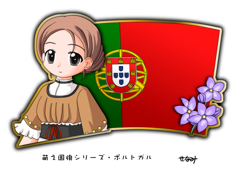 1girl brown_hair flag flower lavender_(flower) murakami_senami portugal portuguese_flag