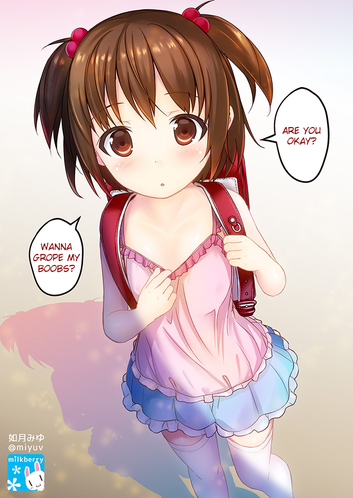 1girl backpack bag bare_shoulders blue_skirt blush breasts brown_eyes brown_hair buckle daijoubu?_oppai_momu? eyebrows eyebrows_visible_through_hair frilled_skirt frills from_above hair_bobbles hair_ornament hard_translated kisaragi_miyu looking_at_viewer original shade shirt_tug short_hair skirt sleeveless small_breasts solo speech_bubble standing sunlight talking text thigh-highs translated two_side_up white_legwear zettai_ryouiki