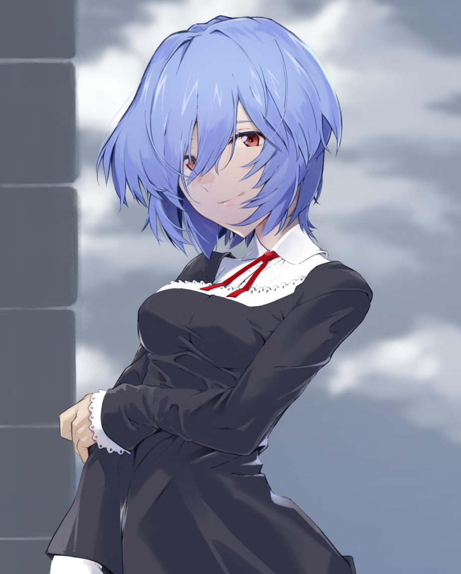 1girl ayanami_rei bangs black_dress blue_hair blurry blurry_background closed_mouth clouds cloudy_sky dress dress_shirt evangelion:_3.0+1.0_thrice_upon_a_time hair_between_eyes long_sleeves looking_at_viewer neck_ribbon neon_genesis_evangelion outdoors pinafore_dress rebuild_of_evangelion red_eyes red_ribbon ribbon shiny shiny_hair shirt short_hair sky sleeves_past_wrists smile solo white_shirt yagisawa_teru