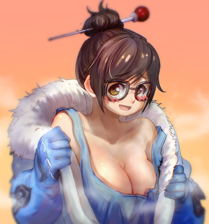 1girl anson_(13686564308) bangs bare_shoulders beads black-framed_eyewear blue_gloves blush blush_stickers breasts brown_eyes brown_hair cleavage coat collarbone dress eyebrows eyebrows_visible_through_hair fur-lined_jacket fur_coat fur_trim glasses gloves hair_bun hair_ornament hair_stick hot jacket large_breasts looking_at_viewer mei_(overwatch) off_shoulder open_clothes open_jacket open_mouth overwatch parka short_hair sidelocks smile solo steam strap_slip sweatdrop tank_top upper_body winter_clothes winter_coat