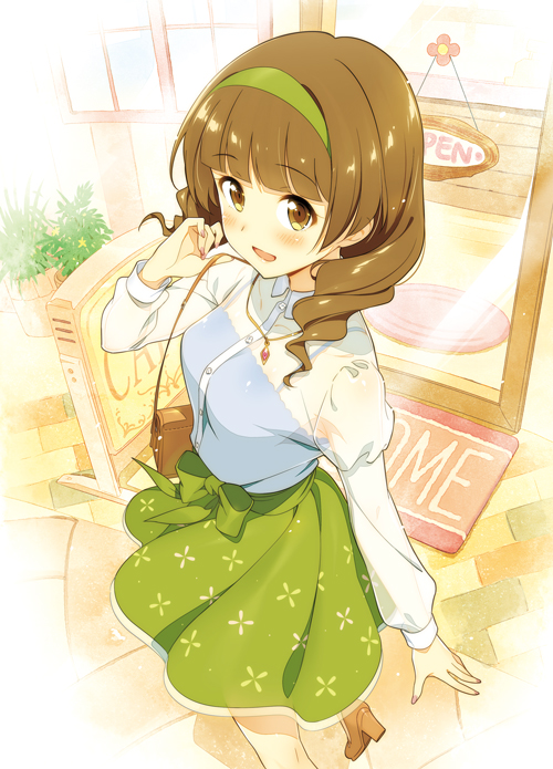 1girl bag bangs blunt_bangs blush brown_eyes brown_hair commentary_request from_above green_skirt hairband handbag looking_at_viewer looking_up open_mouth original ringlets see-through shirt short_hair skirt smile solo white_shirt zpolice