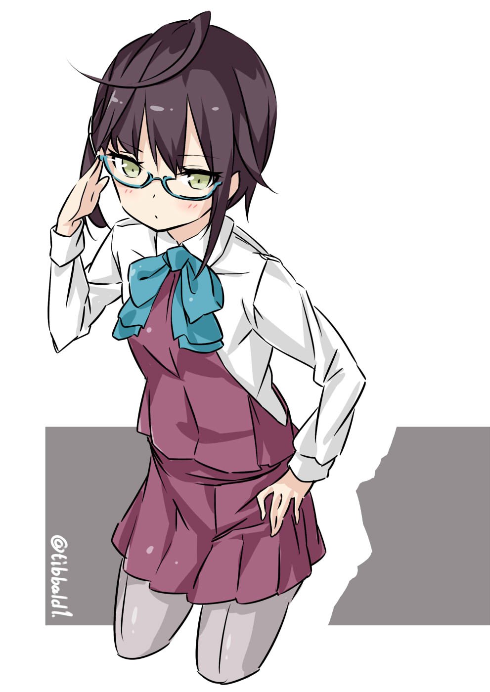 1girl bangs black_hair blue-framed_eyewear blue_bow blue_bowtie blush bow bowtie closed_mouth collared_shirt cowboy_shot cropped_legs dress ebifurya eyebrows eyebrows_visible_through_hair glasses green_eyes grey_legwear hand_on_glasses hand_on_hip hand_up highres kantai_collection long_sleeves looking_at_viewer multicolored_background okinami_(kantai_collection) pantyhose pink_dress semi-rimless_glasses shirt short_hair sleeveless solo twitter_username two-tone_background under-rim_glasses white_shirt