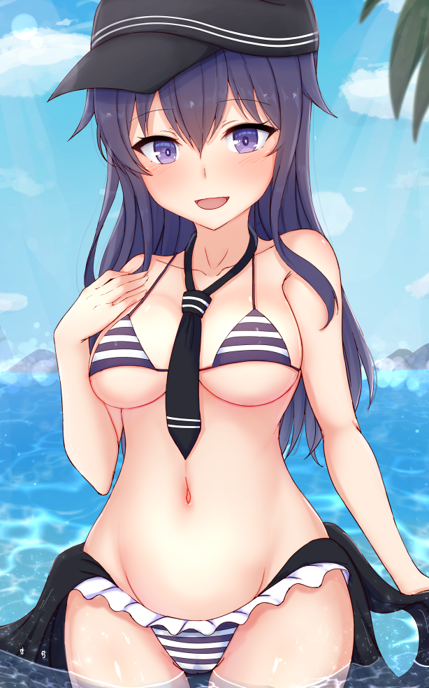 1girl akatsuki_(kantai_collection) alternate_breast_size alternate_costume bangs bare_shoulders bikini blue_sky blush breasts chiyo_(pk19981234) clouds collarbone commentary_request day eyebrows_visible_through_hair flat_cap frilled_bikini frills groin hair_between_eyes hand_on_own_chest hat kantai_collection long_hair looking_at_viewer medium_breasts navel necktie ocean older open_mouth outdoors purple_hair sky smile solo standing string_bikini striped striped_bikini swimsuit violet_eyes wading water