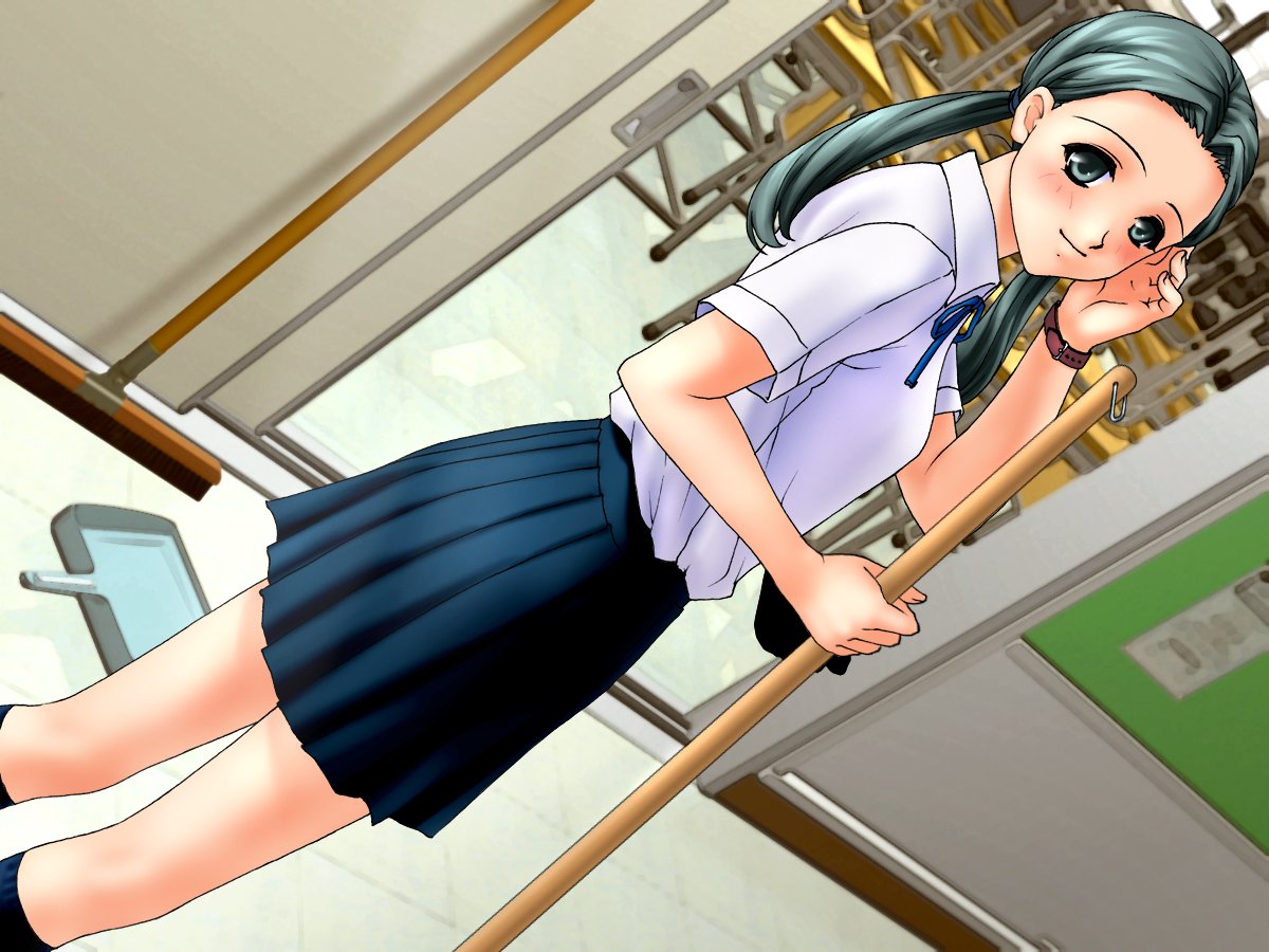 blush broom classroom game_cg green_eyes green_hair joy_ride libido looking_at_viewer looking_back school_uniform shirt skirt socks standing twintails