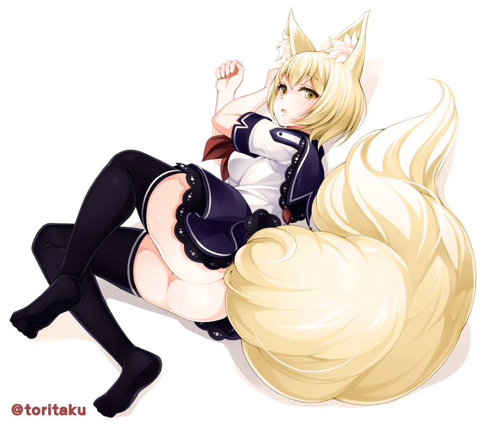 1girl animal_ears ass black_legwear blonde_hair fox_ears fox_tail frills full_body lace lace-trimmed_shirt lace-trimmed_skirt lying no_panties on_side open_mouth original sailor_collar shirt short_hair short_sleeves simple_background skirt solo tail thigh-highs torigoe_takumi twitter_username white_background yellow_eyes