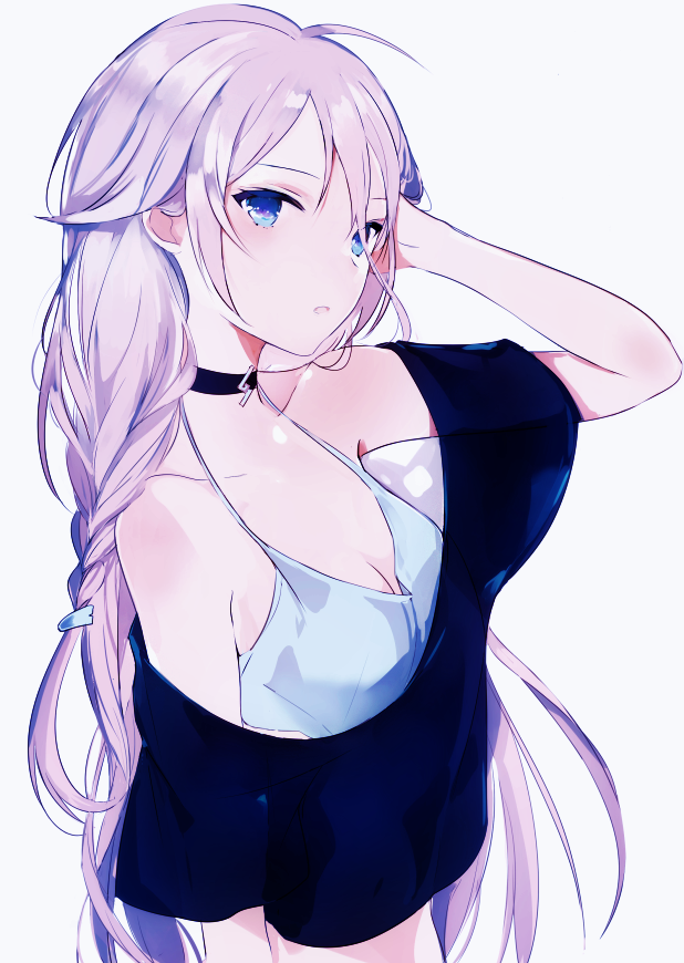 1girl bare_shoulders blue_eyes braid breasts cleavage ia_(vocaloid) long_hair looking_at_viewer lp_(hamasa00) open_mouth purple_hair simple_background small_breasts solo tongue upper_body very_long_hair vocaloid white_background