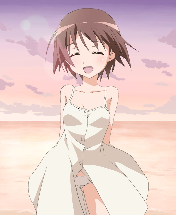 1girl :d ^_^ ^o^ bare_shoulders beach breasts brown_hair buttons closed_eyes clouds dress hide_0 horizon miyafuji_yoshika ocean open_mouth panties short_hair sky smile solo strike_witches sundress underwear world_witches_series