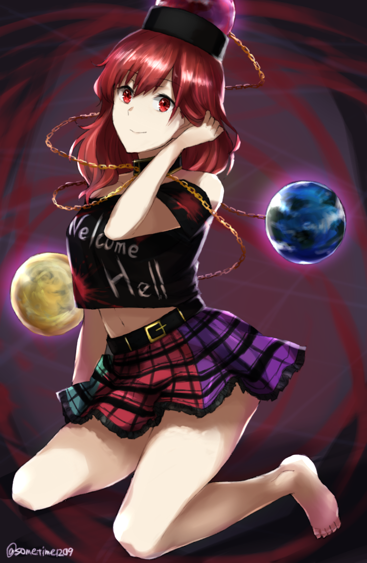 1girl bare_legs bare_shoulders barefoot chains collar crop_top crop_top_overhang earth_(ornament) hat head_scarf hecatia_lapislazuli kneeling midriff miniskirt moon_(ornament) navel off-shoulder_shirt polos_crown red_eyes redhead shirt short_hair skirt smile solo somechime_(sometime1209) squatting t-shirt touhou wavy_hair