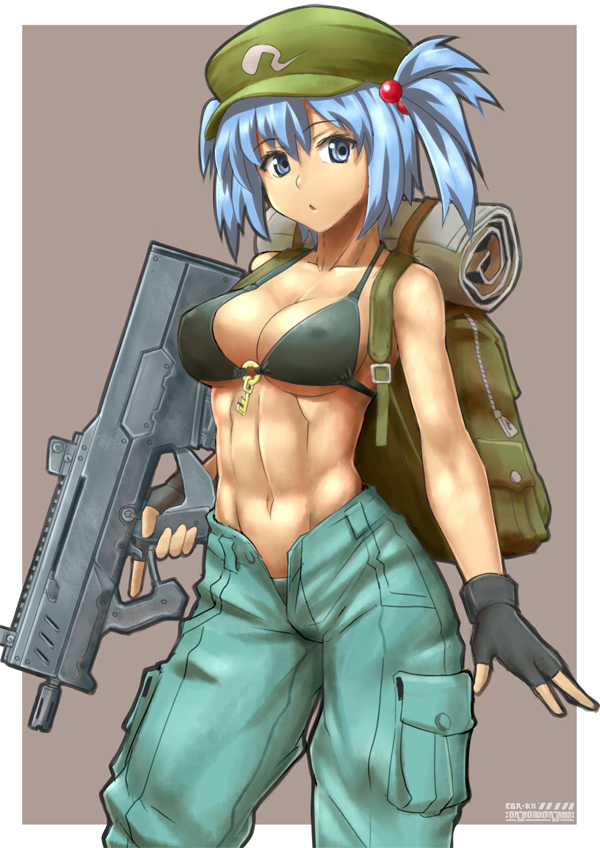 1girl abs alternate_costume arm_at_side assault_rifle backpack bag bare_shoulders bikini_top black_gloves blue_hair blue_pants breasts bullpup cleavage commentary_request ebr-kii erect_nipples fingerless_gloves gloves gun hair_bobbles hair_ornament holding holding_weapon kawashiro_nitori key looking_at_viewer medium_breasts midriff military navel open_mouth pants rifle short_hair solo submachine_gun toned touhou twintails two_side_up unbuttoned under_boob weapon weapon_request