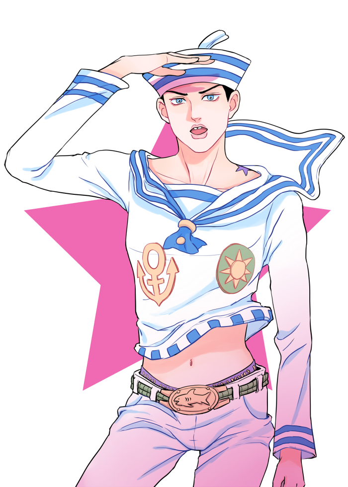 1boy anchor_symbol belt belt_buckle birthmark black_hair blue_eyes buck_teeth buckle collarbone contrapposto cowboy_shot dixie_cup_hat hat higashikata_jousuke_(jojolion) joestar_birthmark jojo_no_kimyou_na_bouken jojolion male_focus midriff military_hat navel sailor sailor_collar solo star underwear zou-seetaa