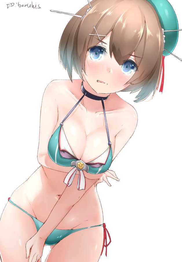 1girl adapted_costume aqua_bikini artist_name bangs bare_arms bare_shoulders beret bikini blue_bikini blue_bra blue_eyes blush boruhis bra breast_hold breasts brown_hair choker cleavage collarbone cowboy_shot dutch_angle eyebrows eyebrows_visible_through_hair gluteal_fold groin hair_ornament hat kantai_collection large_breasts looking_at_viewer maya_(kantai_collection) navel remodel_(kantai_collection) short_hair side-tie_bikini simple_background solo standing stomach strap_gap swimsuit thigh_gap underwear white_background x_hair_ornament