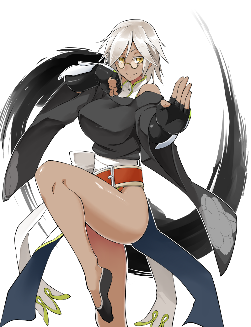 1girl bare_legs bare_shoulders belt breasts chinese_clothes dark_skin echigo_(shiro_maru) fighting_stance fingerless_gloves glasses gloves grey_hair large_breasts looking_at_viewer original shiro_maru short_hair smile solo yellow_eyes